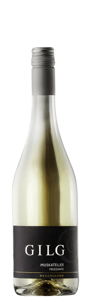 Ein hellgelber Weißwein mit grauem Verschluss und schwarzem Etikett mit der Aufschrift „Prickelnder Muskateller Frizzante“.