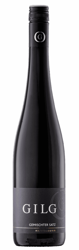 Eine dunkle Glasflasche GILG Gmischter Satz mit schwarzem Etikett und silbernem Text, gekrönt von einem versiegelten schwarzen Deckel mit silbernem G-Logo.