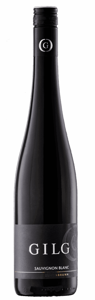 Eine dunkle Glasflasche GILG Sauvignon Blanc mit schwarzem Etikett und silbernem Text, gekrönt von einem versiegelten schwarzen Deckel mit silbernem G-Logo.