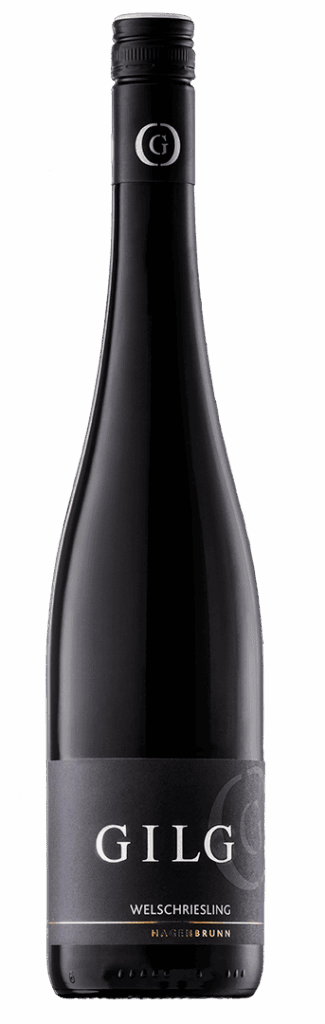 Eine dunkle Glasflasche GILG Welchrieslingmit schwarzem Etikett und silbernem Text, gekrönt von einem versiegelten schwarzen Deckel mit silbernem G-Logo.