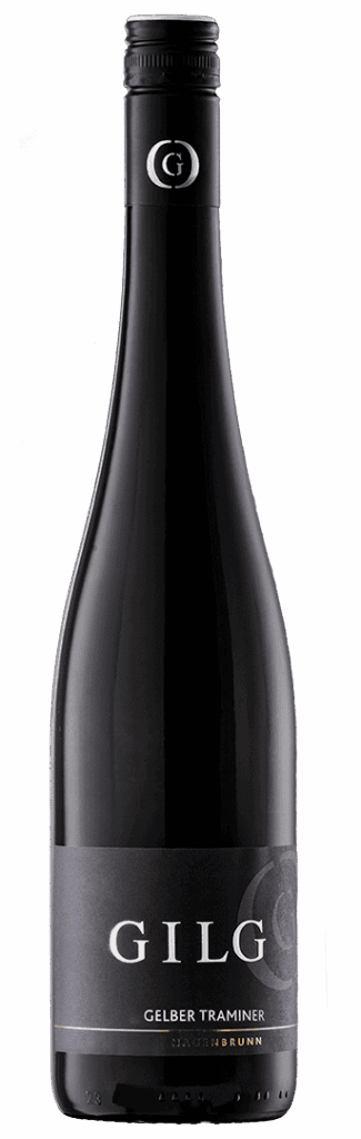 Eine dunkle Glasflasche GILG Gelber Traminer mit schwarzem Etikett und silbernem Text, gekrönt von einem versiegelten schwarzen Deckel mit silbernem G-Logo.