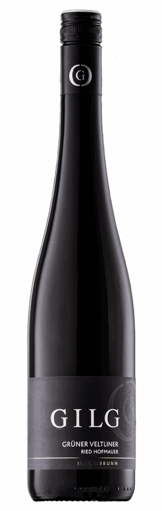 Eine dunkle Glasflasche GILG Grüner Veltliner Ried Hofmauer mit schwarzem Etikett und silbernem Text, gekrönt von einem versiegelten schwarzen Deckel mit silbernem G-Logo.