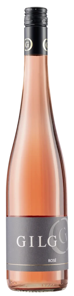 Eine elegante durchsichtige Weinflasche mit schwarzem Verschluss und dunklen Etikett. Weingut GILG Rosé.