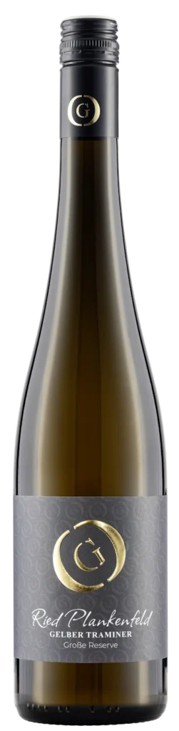 Eine dunkle Glasflasche GILG Grüner Veltliner Ried Hofmauer mit schwarzem Etikett und silbernem Text, gekrönt von einem versiegelten schwarzen Deckel mit silbernem G-Logo.