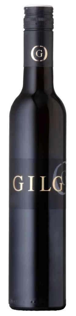 Eine schmale schwarze Flasche mit goldenem G am Verschluss -Beerenauslese 2019